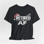 Vintage Black Retired AF T-shirt draped, front RETIRED AS AF print in white and grey