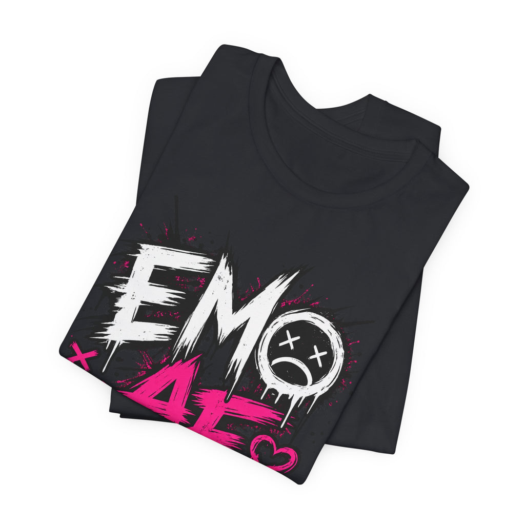 Vintage Black EMO AF T-Shirt folded, white EMO type and hot-pink AF showing