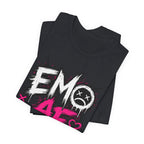 Vintage Black EMO AF T-Shirt folded, white EMO type and hot-pink AF showing