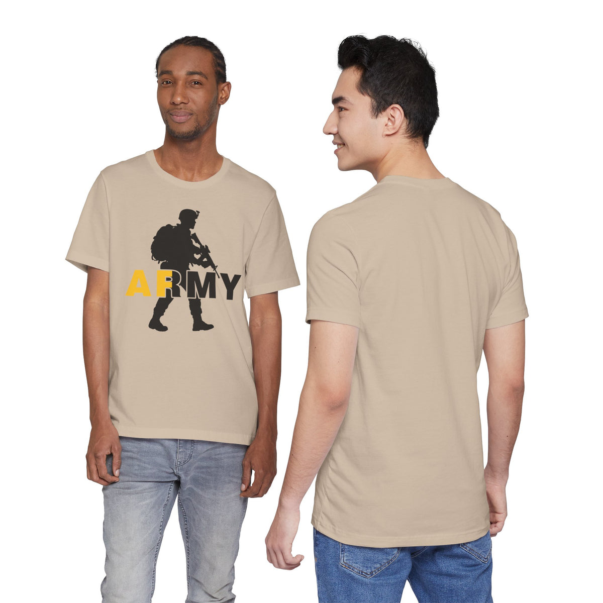 Two men in tan Army AF tees, one showing the front print and one the plain back