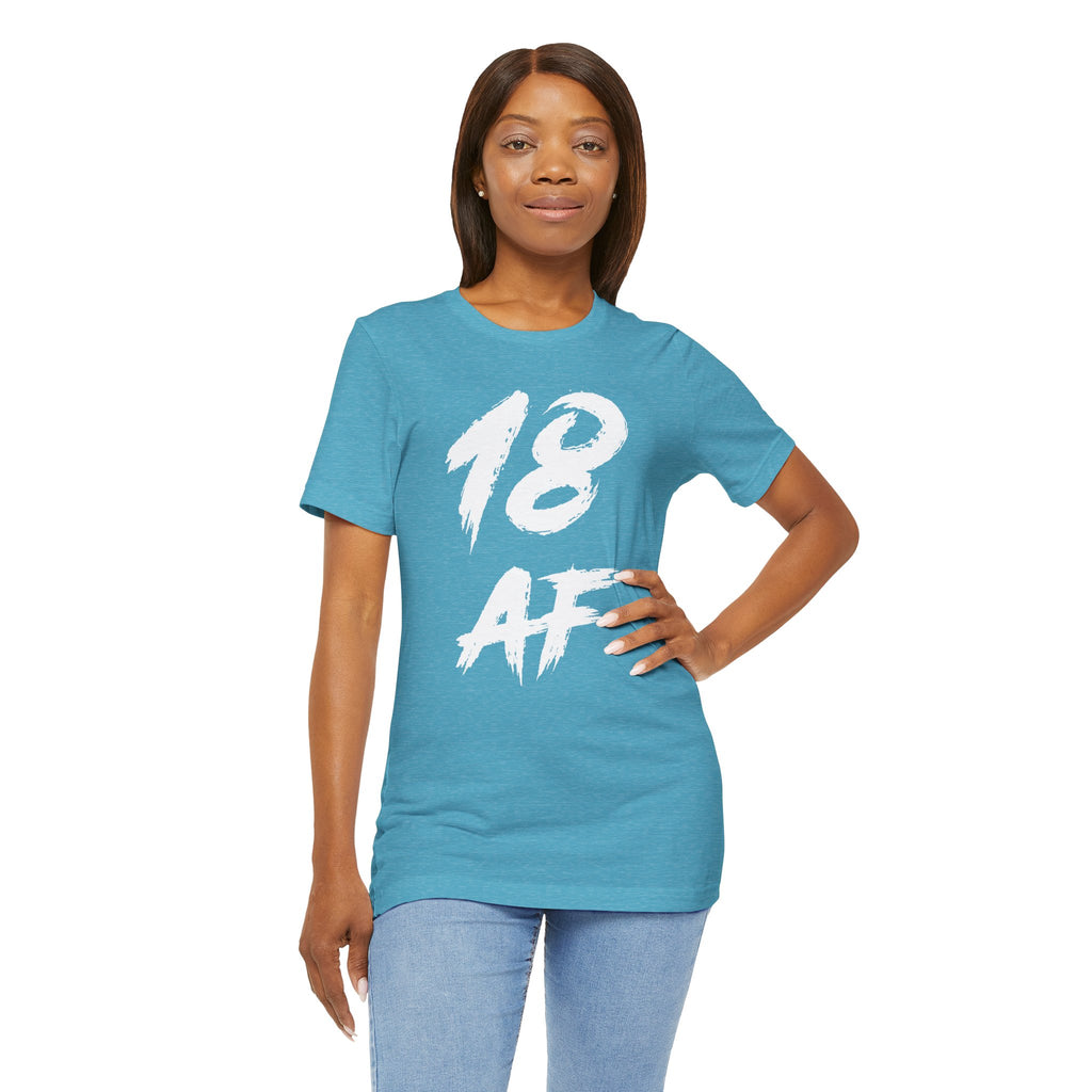 Woman with hand on hip wearing the Heather Aqua 18 AF birthday tee