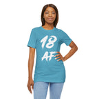 Woman with hand on hip wearing the Heather Aqua 18 AF birthday tee