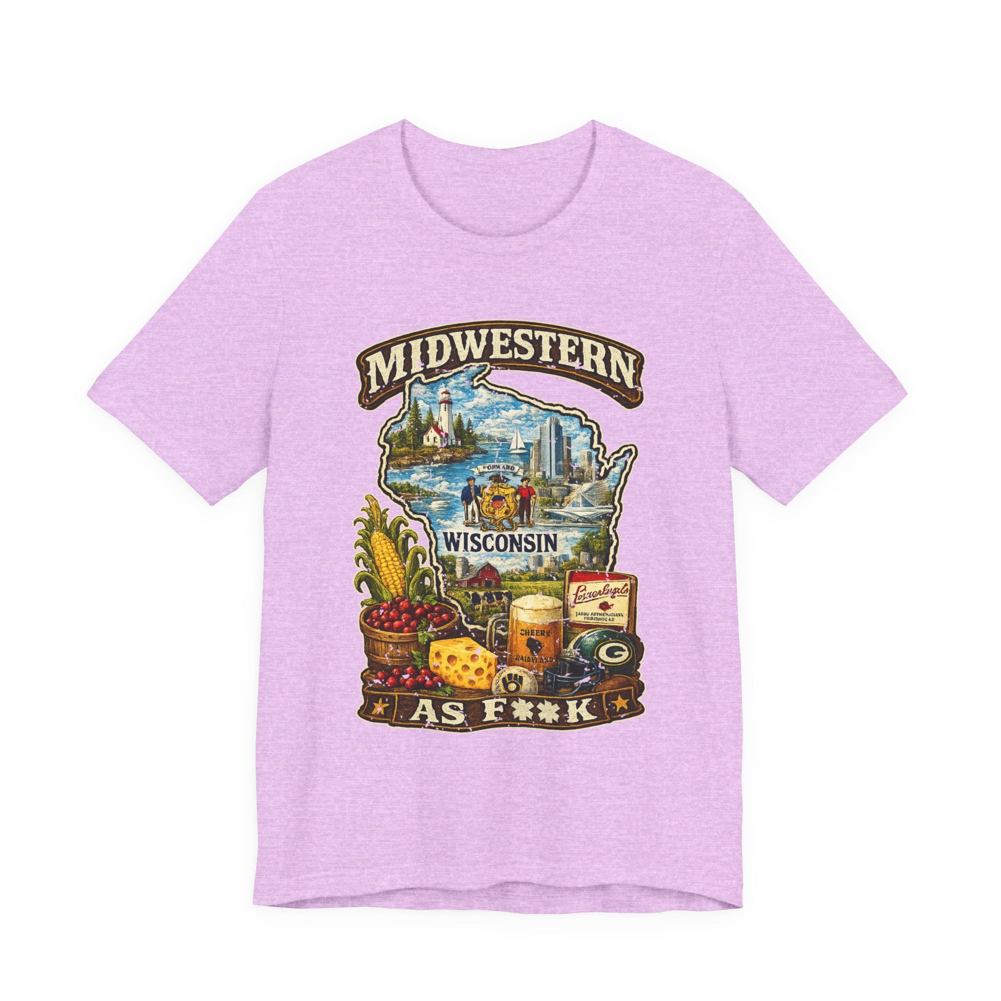 Heather Prism Lilac Midwestern As F**K Wisconsin T-Shirt, slightly salty Cheesehead State pride tee