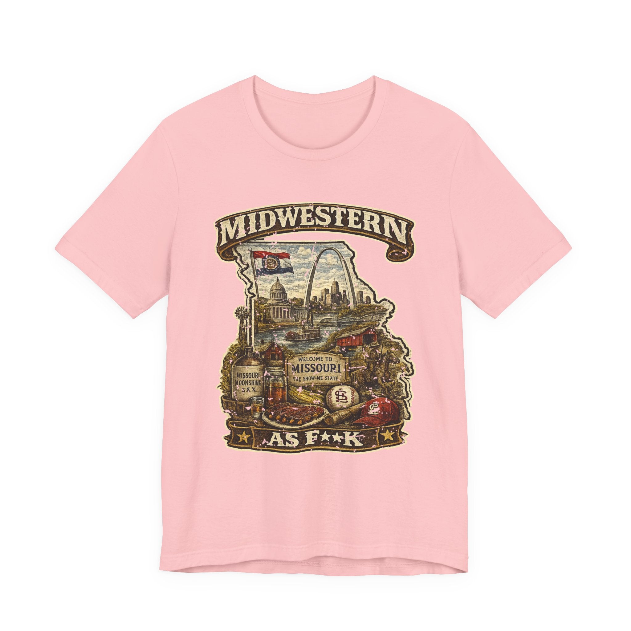 Missouri Midwestern As F**K t-shirt in Pink laid flat, vintage Show-Me State graphic design