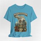 Family Friendly Midwestern AF Michigan T-Shirt – product photo 14 featuring a distressed vintage design featuring Michigan's Upper and Lower Peninsulas overlaid with the state outline, surrounded by Detroit's skyline, Woodward Avenue, the Great Lakes, and Traverse City cherries