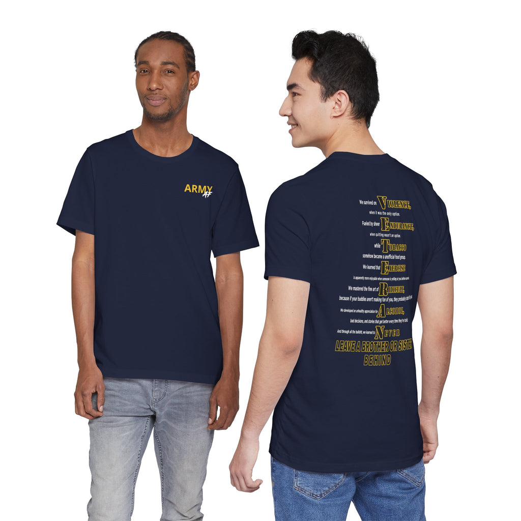 Two men wearing the Army veteran T-shirt in Navy, showing the front and back prints