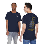 Two men wearing the Army veteran T-shirt in Navy, showing the front and back prints