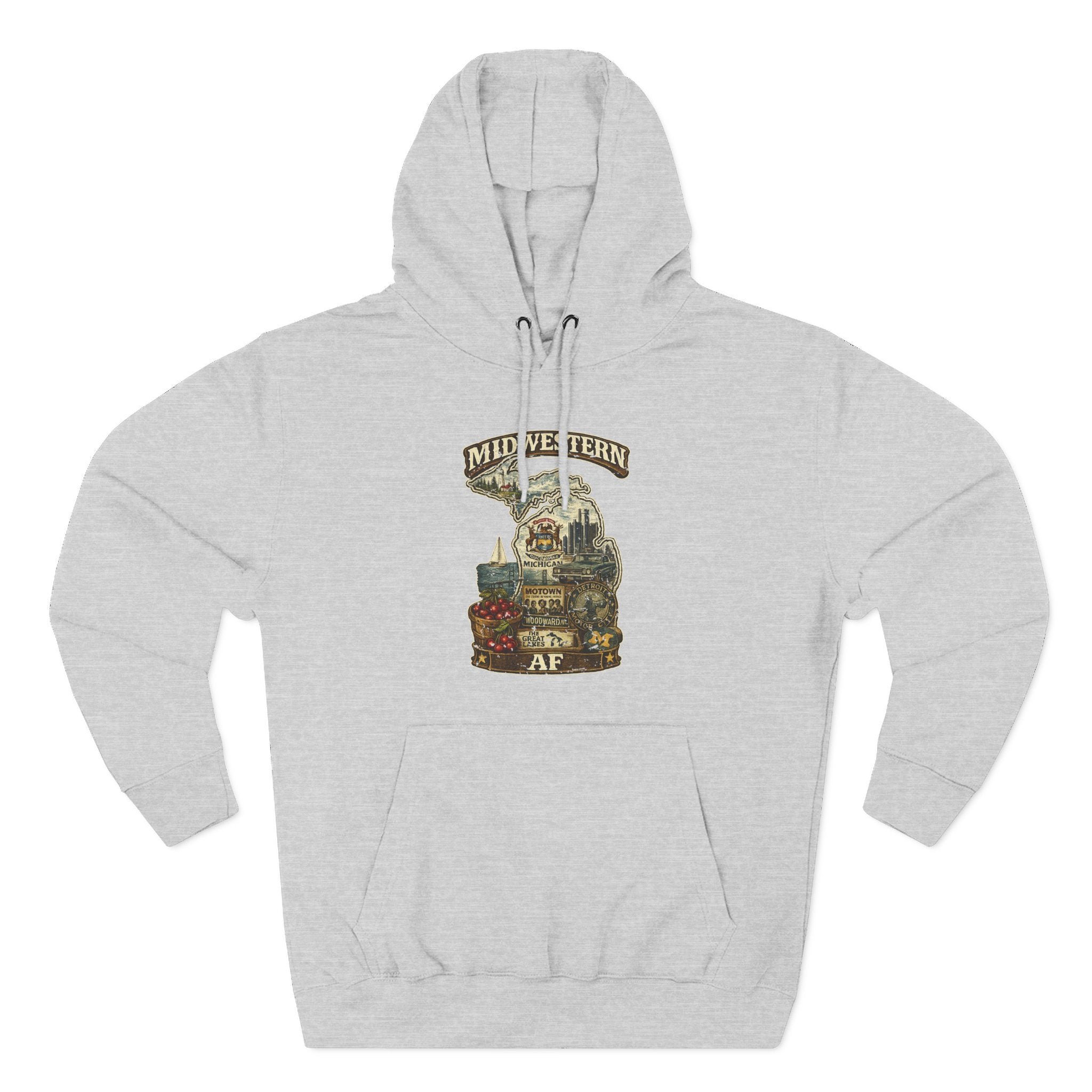 Family Friendly Midwestern AF Michigan Hoodie in Heather Grey – a distressed vintage design featuring Michigan's Upper and Lower Peninsulas overlaid with the state outline, surrounded by Detroit's skyline, Woodward Avenue, the Great Lakes, and Traverse City cherries