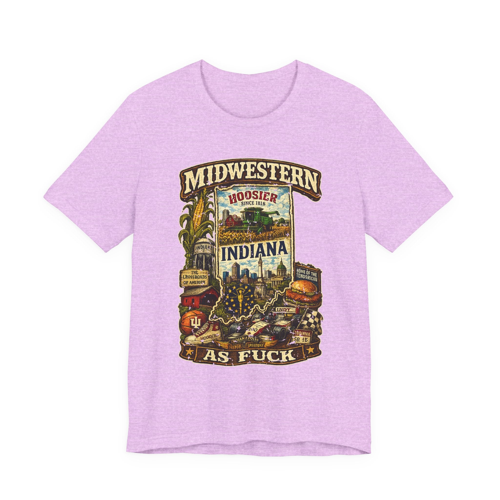 Heather Prism Lilac Midwestern As Fuck Indiana T-Shirt, no filter Hoosier State pride tee