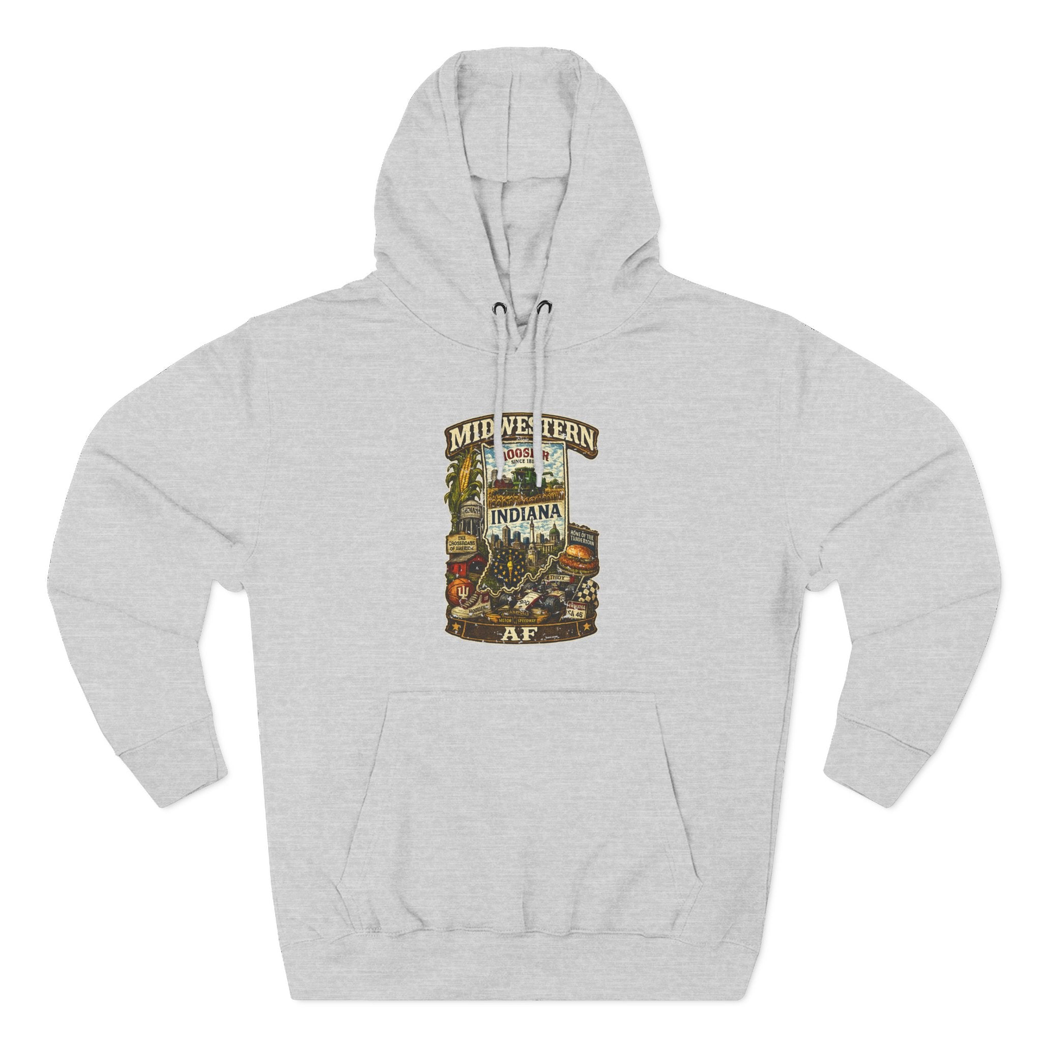 Heather Grey Midwestern AF Indiana Hoodie, family friendly Hoosier State pride pullover