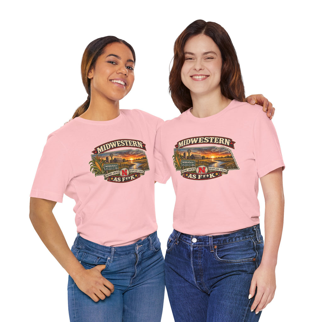 Two women in pink Nebraska As F**K tees showing the front sunset graphic