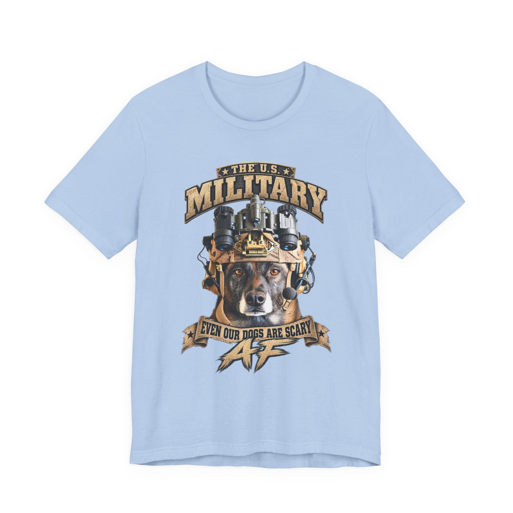 Military K-9 T-shirt in Baby Blue laid flat with the U.S. Military working dog front print