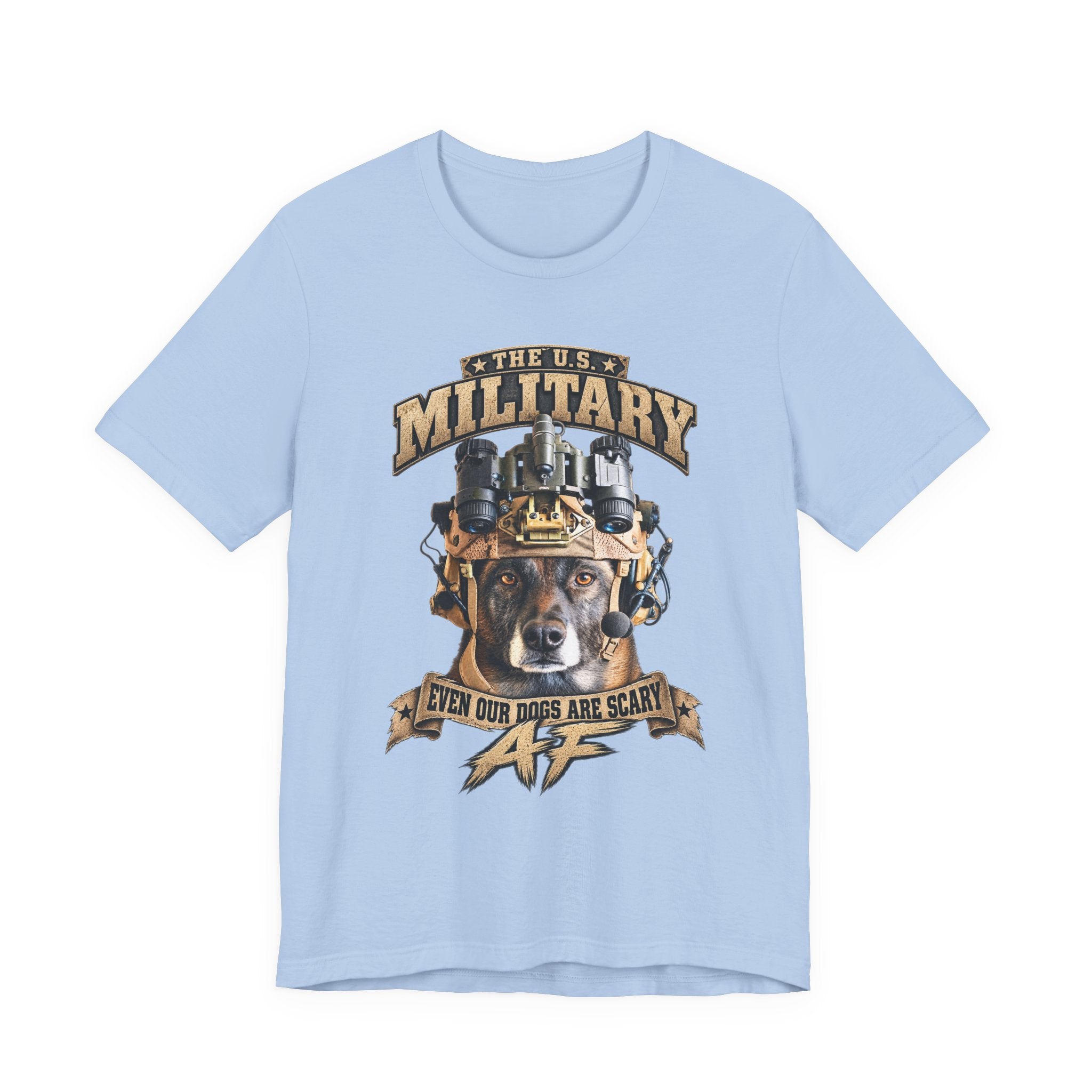 Military K-9 T-shirt in Baby Blue laid flat with the U.S. Military working dog front print