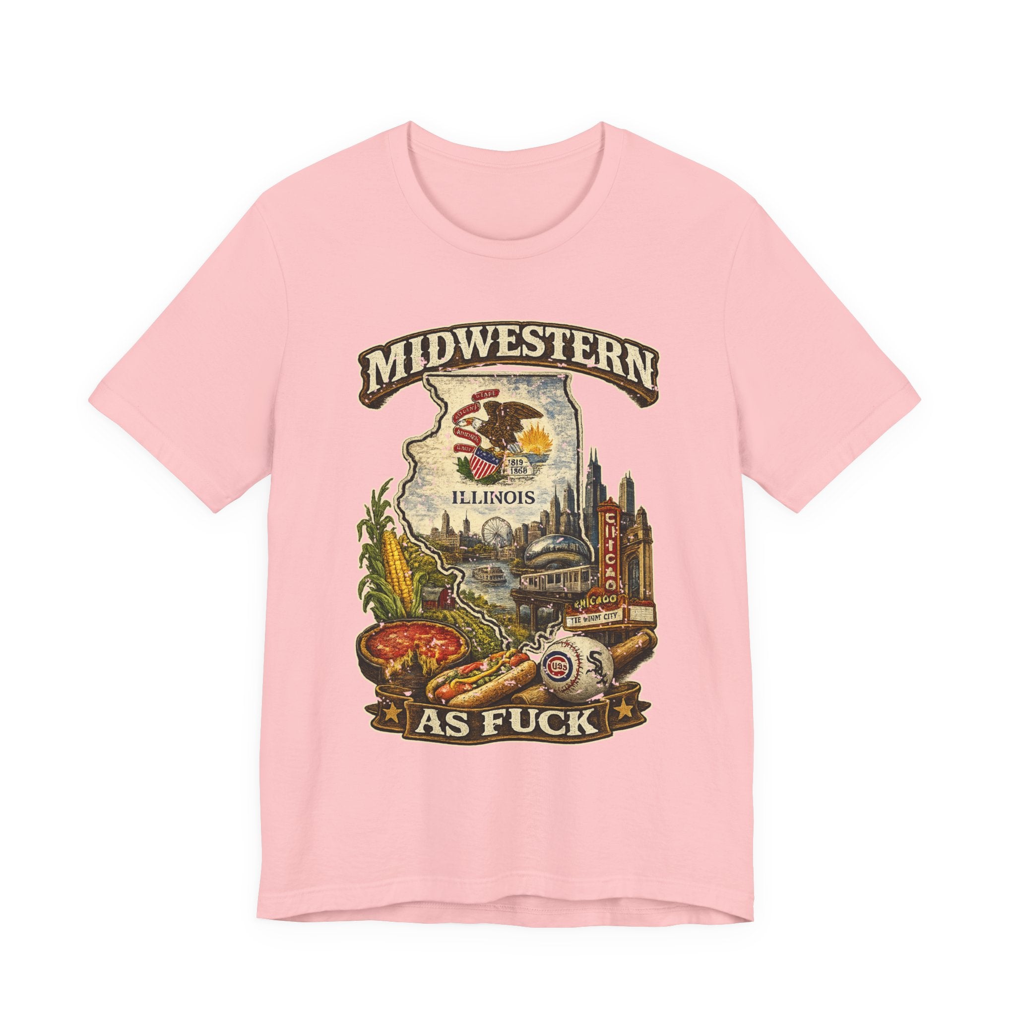 Midwestern As Fuck Illinois T-Shirt in Pink – a distressed vintage design featuring the Illinois state outline overlaid with the state flag, surrounded by the Chicago skyline, the Chicago Theatre sign, The Bean, deep-dish pizza, a Chicago-style hot dog, and towering corn fields