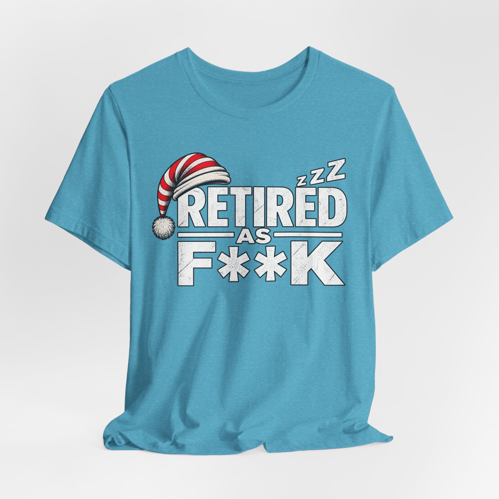 Heather Aqua Retired As F**K T-shirt draped and rumpled, facing the camera