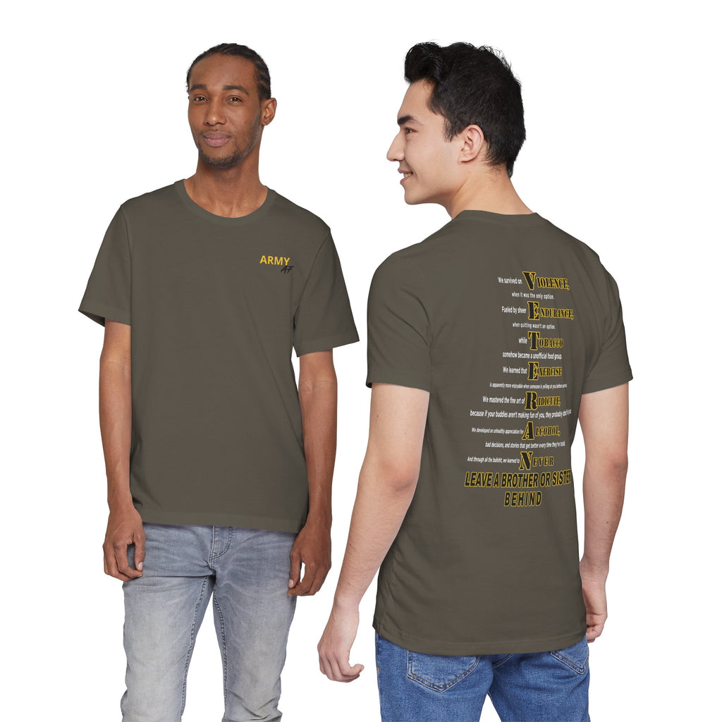 Two men wearing the personalized Army veteran T-shirt in Army green, showing the front and back prints