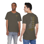 Two men wearing the personalized Army veteran T-shirt in Army green, showing the front and back prints