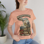Slightly Salty Midwestern As F**K Michigan T-Shirt – product photo 10 featuring a distressed vintage design featuring Michigan's Upper and Lower Peninsulas overlaid with the state outline, surrounded by Detroit's skyline, Woodward Avenue, the Great Lakes, and Traverse City cherries