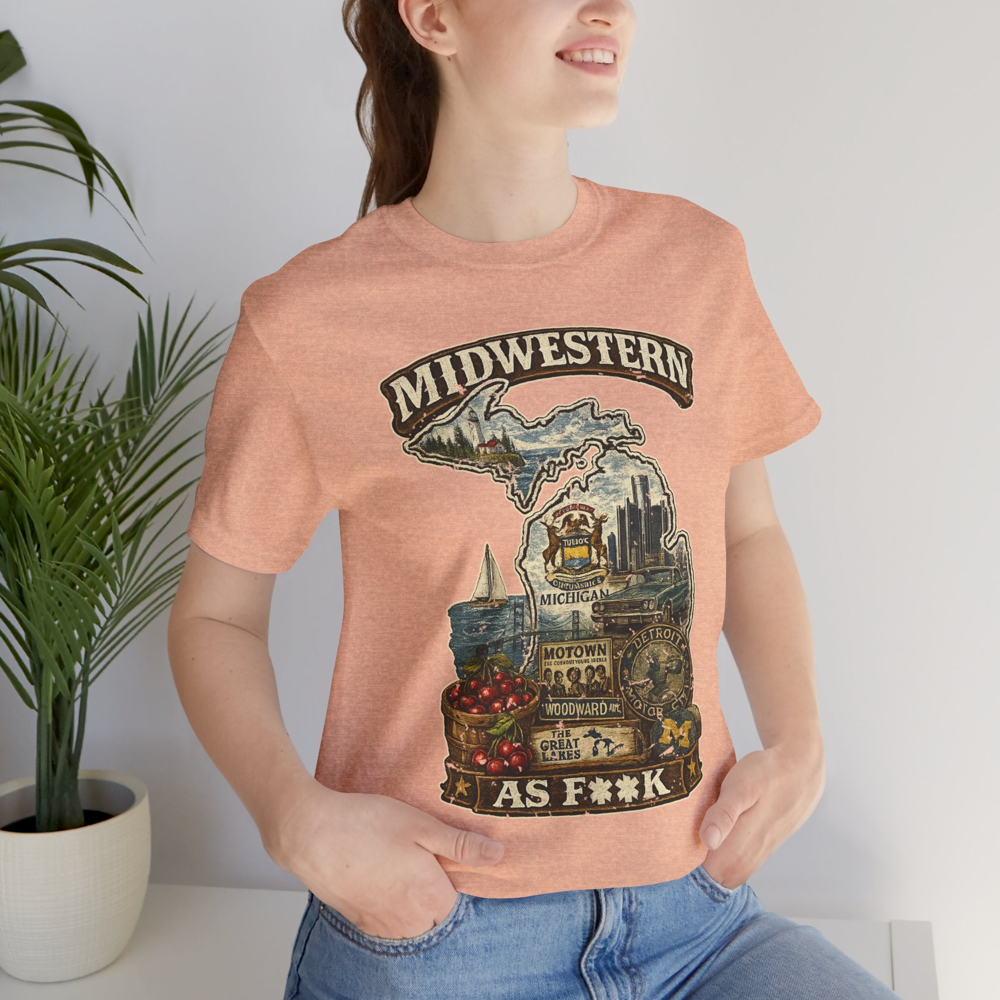 Slightly Salty Midwestern As F**K Michigan T-Shirt – product photo 10 featuring a distressed vintage design featuring Michigan's Upper and Lower Peninsulas overlaid with the state outline, surrounded by Detroit's skyline, Woodward Avenue, the Great Lakes, and Traverse City cherries