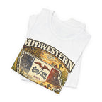 Family Friendly Midwestern AF Iowa T-Shirt – product photo 21 featuring a distressed vintage design featuring the outline of Iowa overlaid with the Iowa state flag, surrounded by towering corn stalks, rolling farmland, a classic red barn, a windmill, a tractor, and an overflowing harvest basket