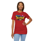 Red t-shirt worn by a female model, front view, showing graffiti Brooklyn AF lettering over a skyline paint splash.