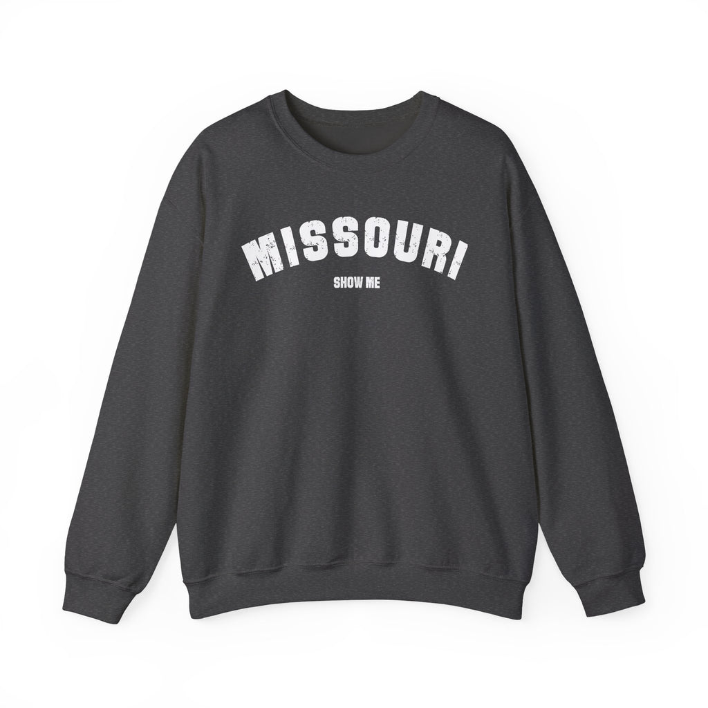 Dark heather Missouri crewneck laid flat, white varsity MISSOURI lettering over SHOW ME