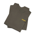 Army veteran T-shirt in Army green shown folded with the gold ARMY chest print