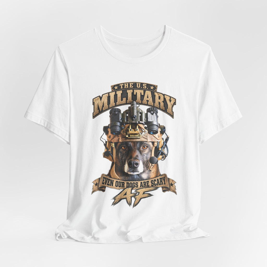 Military K-9 T-shirt in White shown draped with the working dog and night-vision goggles print