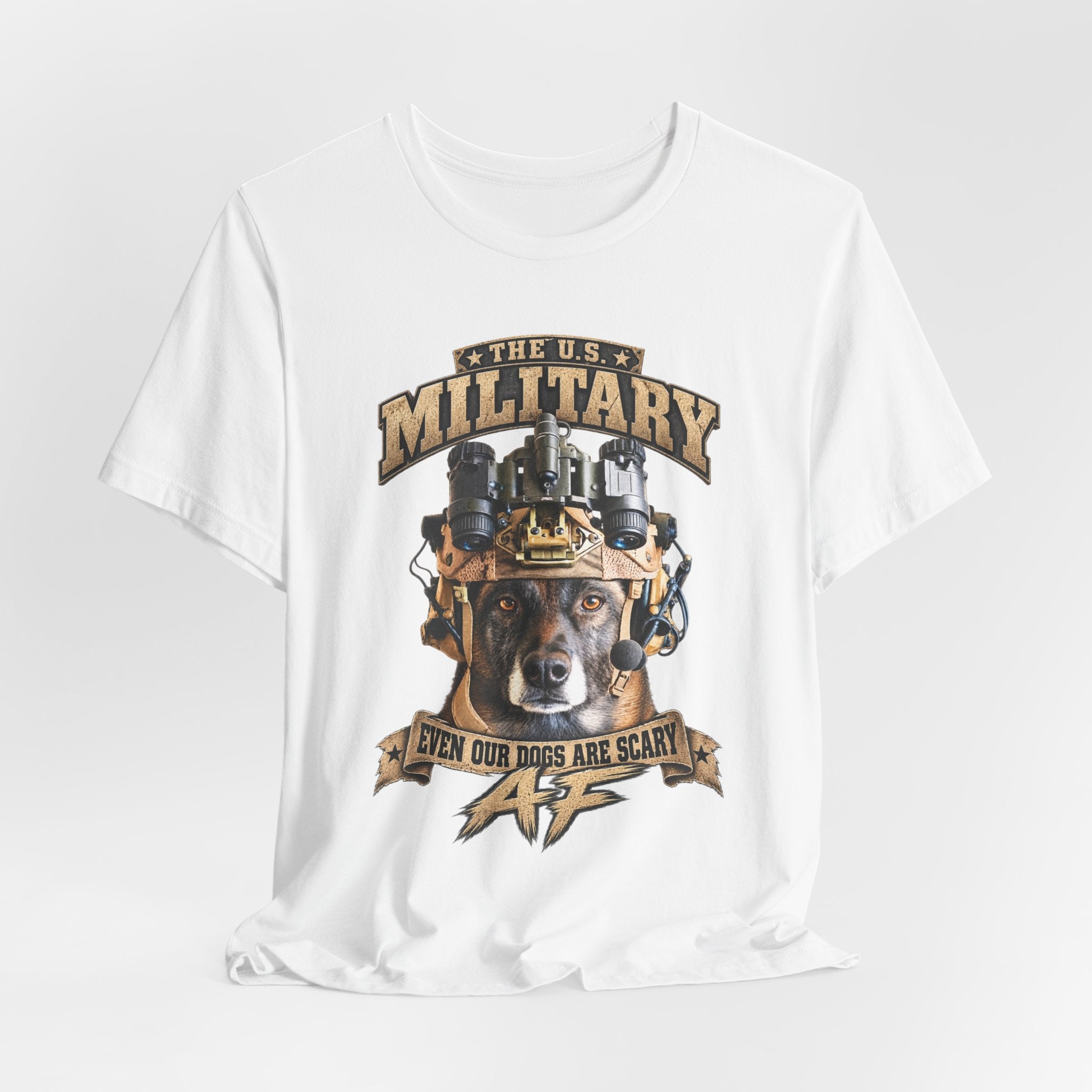 Military K-9 T-shirt in White shown draped with the working dog and night-vision goggles print