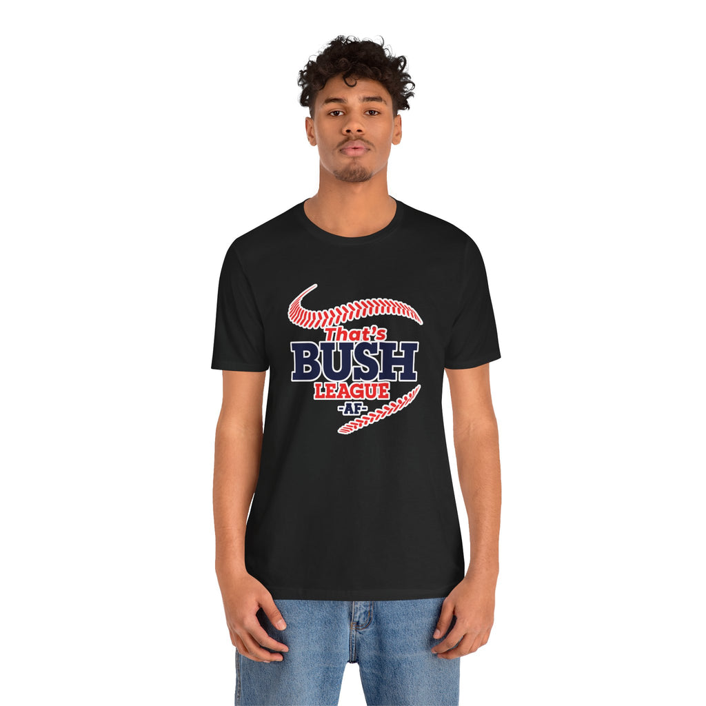 Man wearing the Black Bush League AF tee with jeans, front graphic centred
