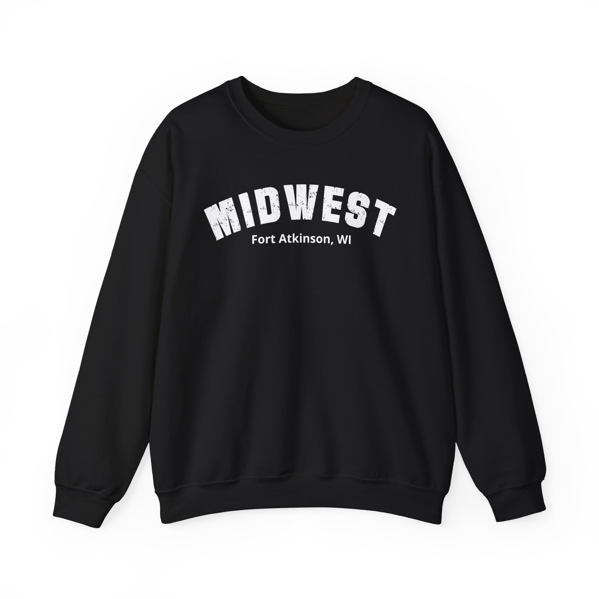 Black personalized Midwest sweatshirt laid flat, MIDWEST varsity print above Fort Atkinson, WI