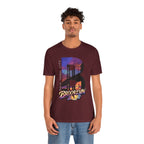 Maroon t-shirt worn by a model, front view showing the full 'B' Brooklyn Bridge sunset skyline graphic and logo