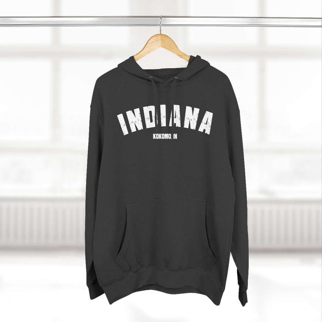 Charcoal Heather custom Indiana hoodie on a hanger, white varsity INDIANA above a Kokomo IN line