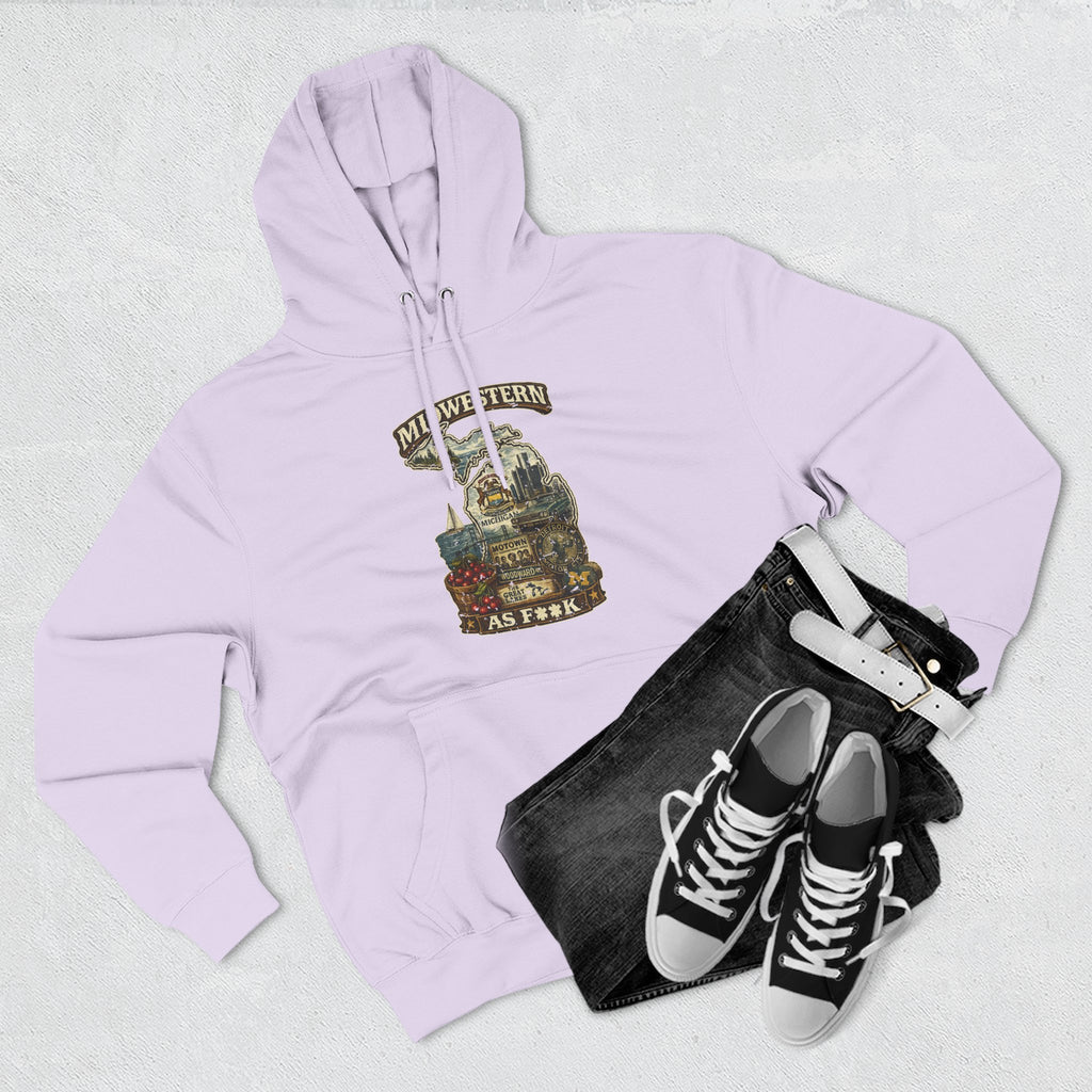 Slightly Salty Midwestern As F**K Michigan Hoodie – product photo 21 featuring a distressed vintage design featuring Michigan's Upper and Lower Peninsulas overlaid with the state outline, surrounded by Detroit's skyline, Woodward Avenue, the Great Lakes, and Traverse City cherries