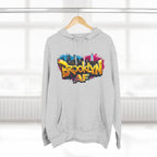 Heather Grey hoodie hanging on a wooden hanger, showing the colorful graffiti-style Brooklyn AF skyline print.