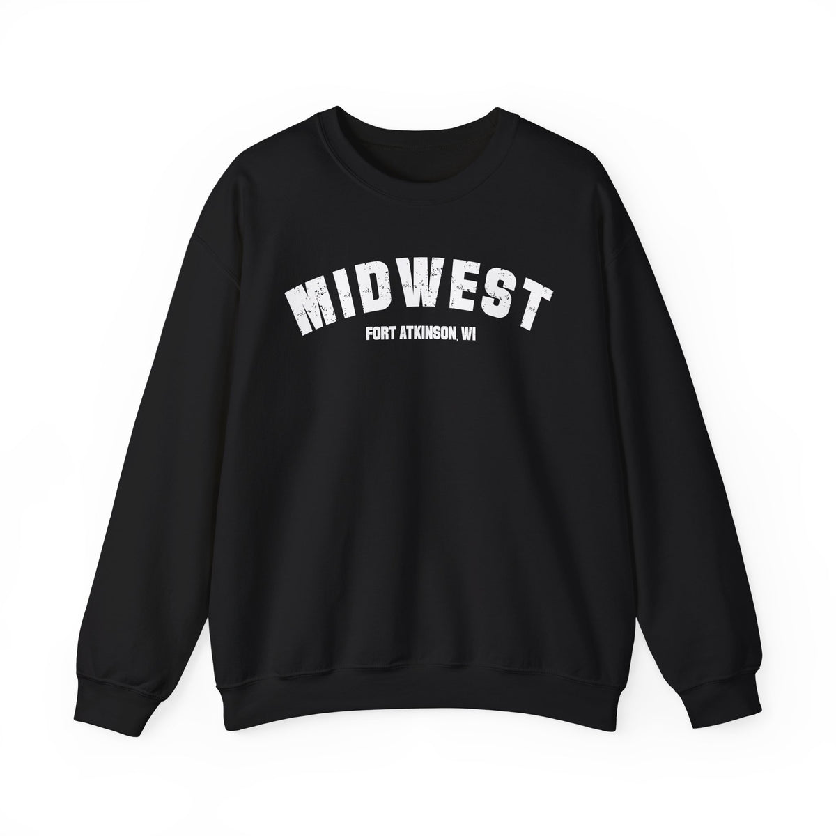 Custom Midwest crewneck in Black laid flat, white varsity MIDWEST above a personalized Fort Atkinson WI line