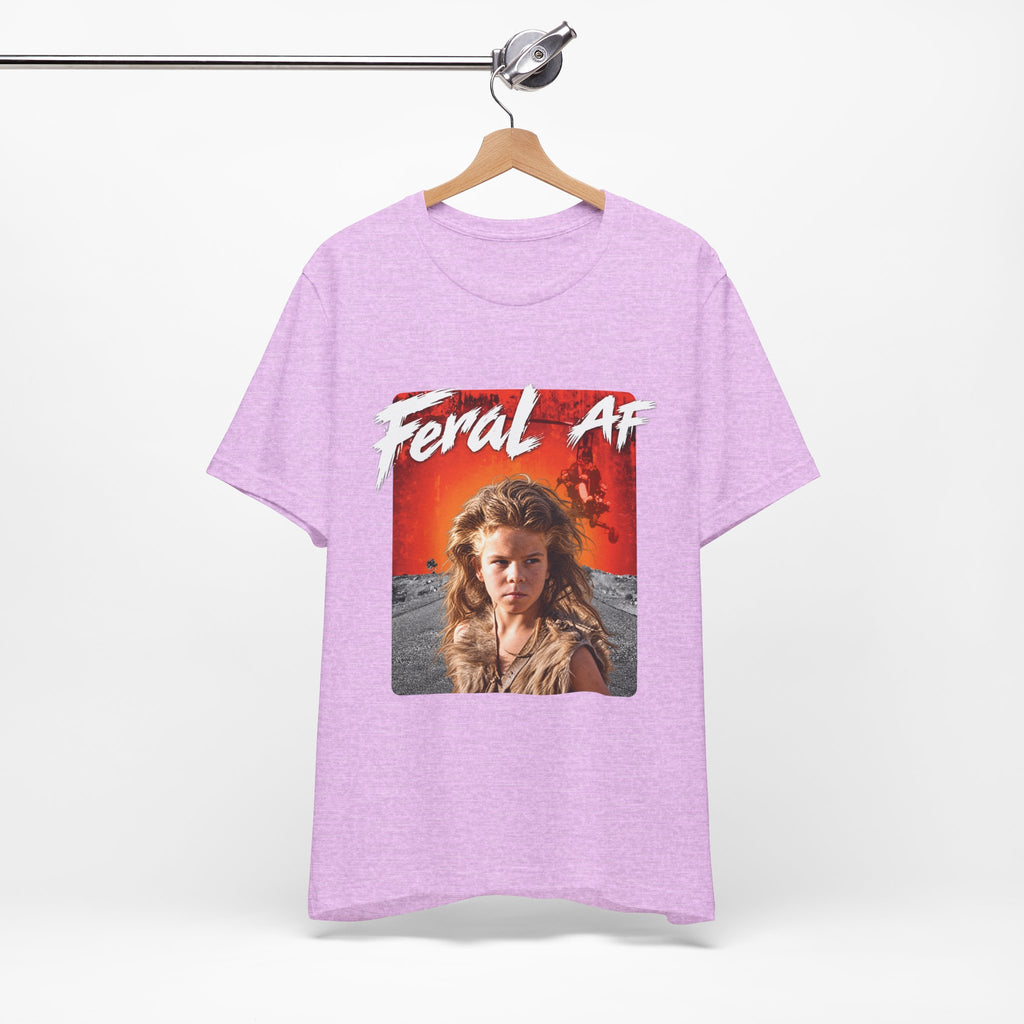 Heather Prism Lilac Feral AF T-shirt hanging on a wooden hanger, front print facing the camera