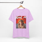 Heather Prism Lilac Feral AF T-shirt hanging on a wooden hanger, front print facing the camera