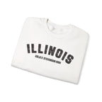White Illinois varsity sweatshirt folded, charcoal ILLINOIS above a custom Adlai E Stevenson High line