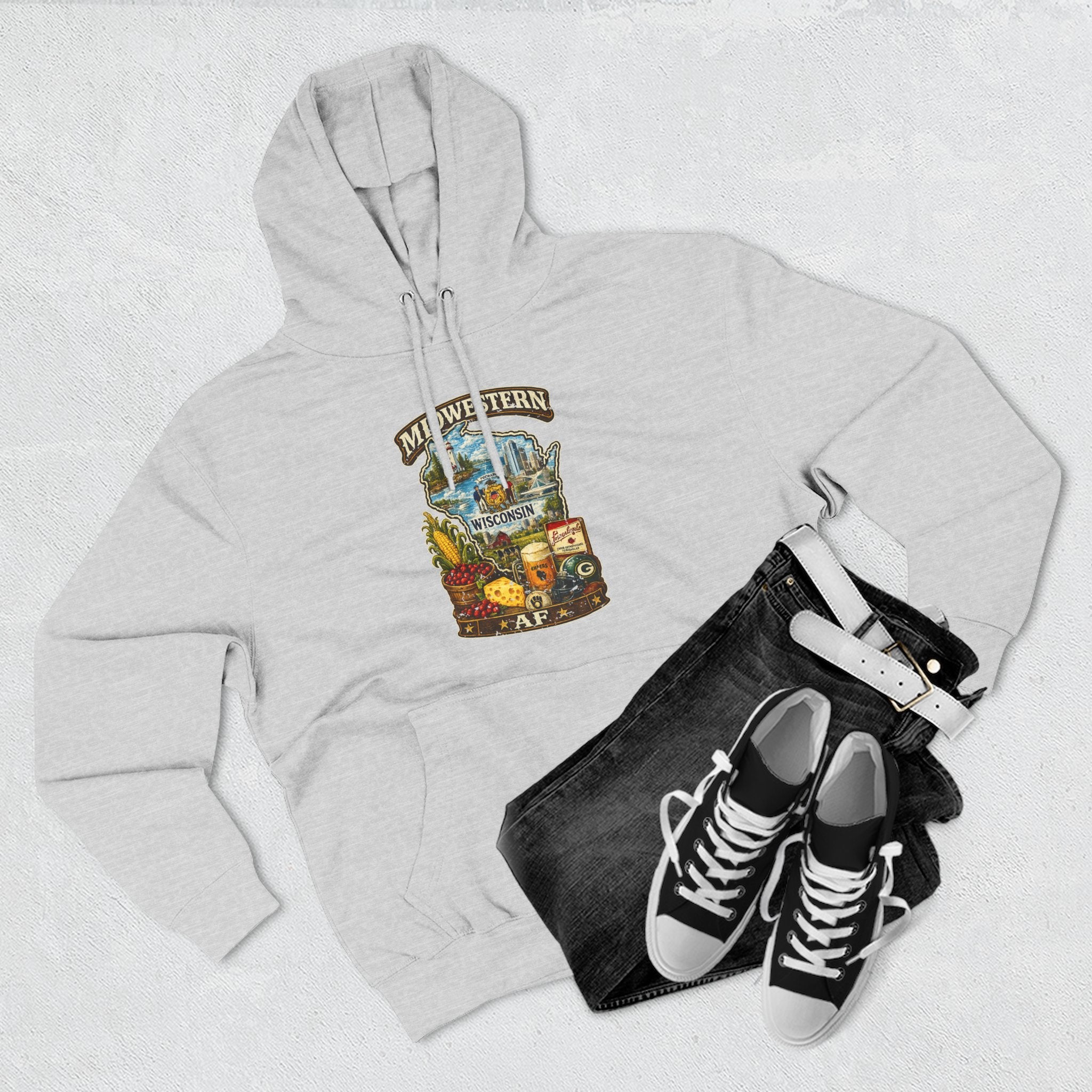 Midwestern AF Wisconsin Hoodie | Funny Wisconsin Pride Hoodie | Lane Seven LS14001 3-Panel Fleece | Family Friendly Cheesehead State Hoodie
