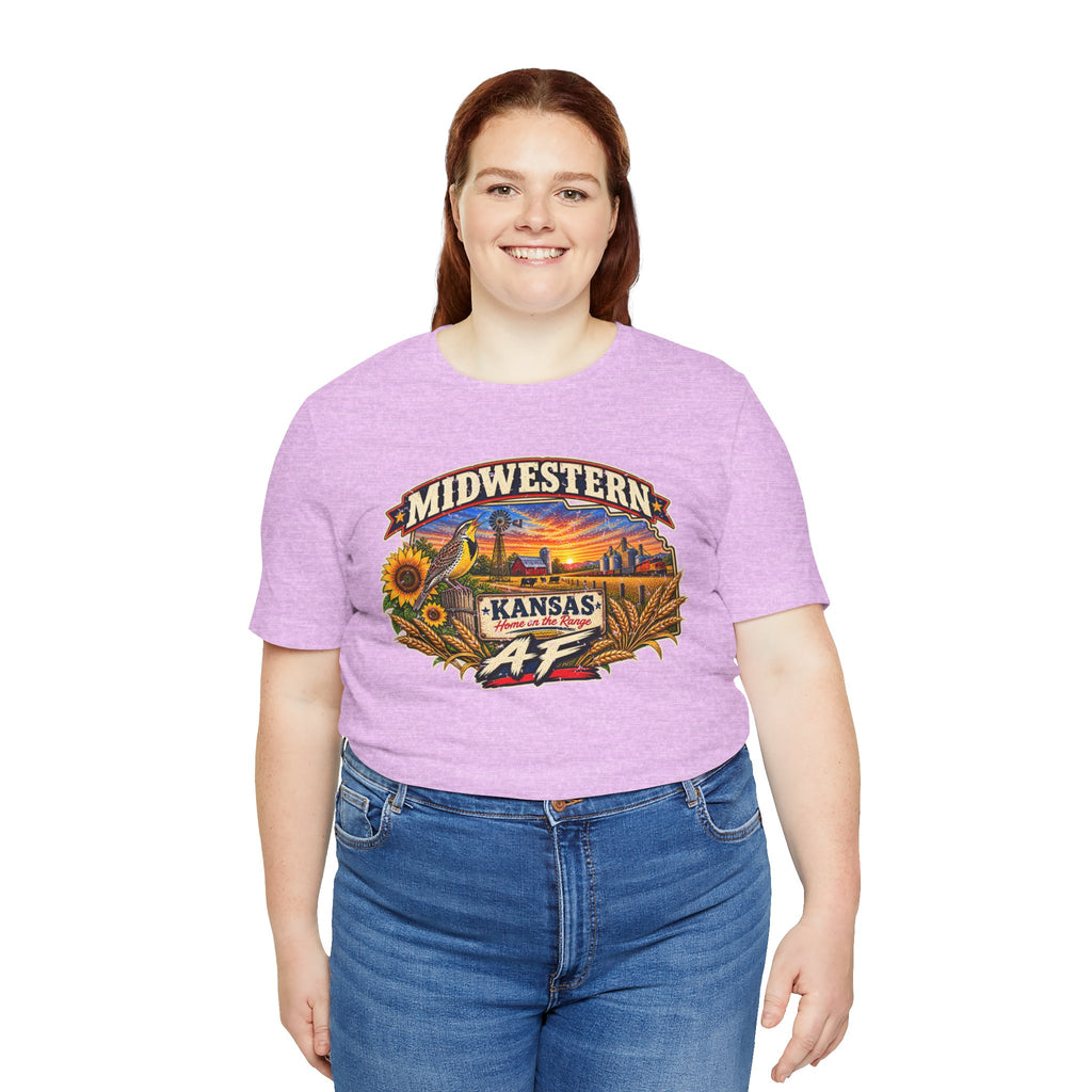 Woman in the heather prism lilac Kansas AF T-shirt with jeans