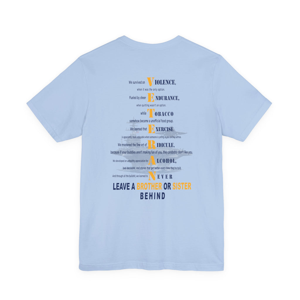 Navy veteran tee in Baby Blue, VETERAN acrostic back print over a faded aircraft carrier