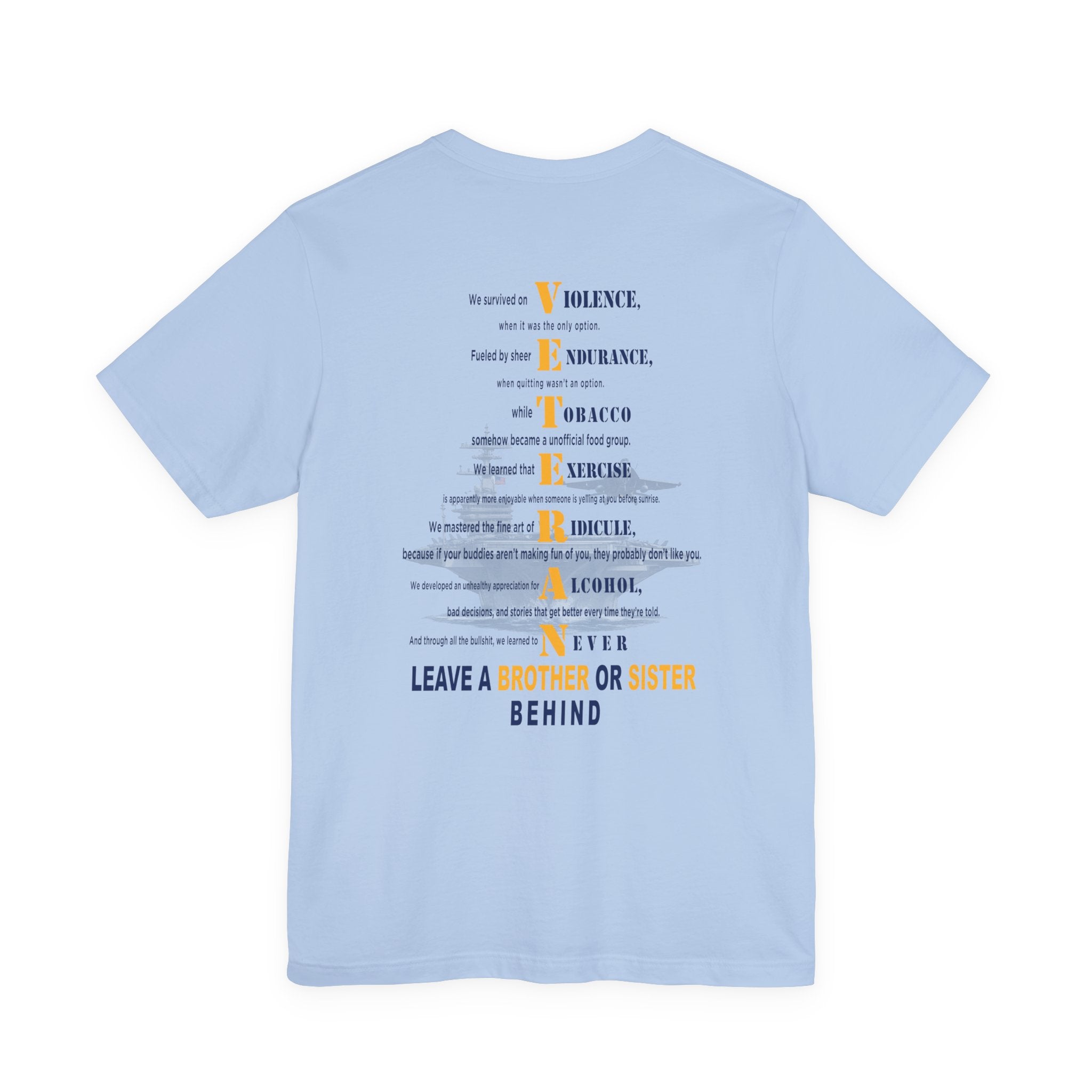 Navy veteran tee in Baby Blue, VETERAN acrostic back print over a faded aircraft carrier
