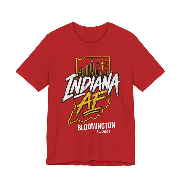 Red Bella + Canvas tee laid flat with the personalized INDIANA AF hometown graphic on the front