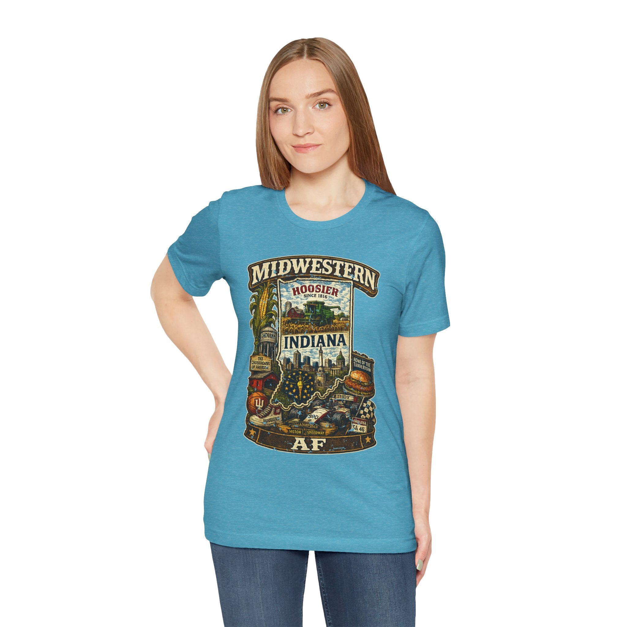 Indiana Midwestern AF T-Shirt design closeup, family friendly Hoosier pride graphic tee artwork