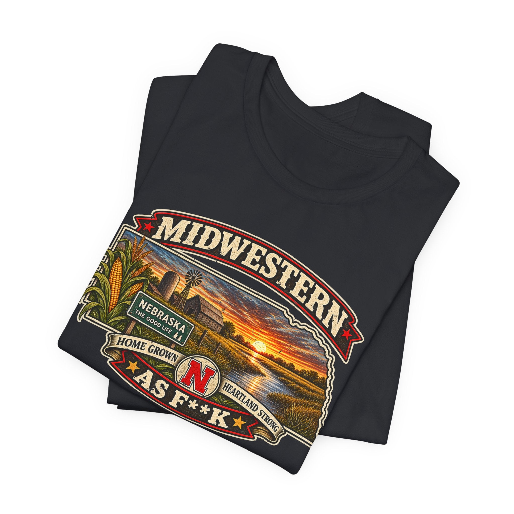 Folded vintage black Nebraska As F**K tee with the sunset badge in close detail