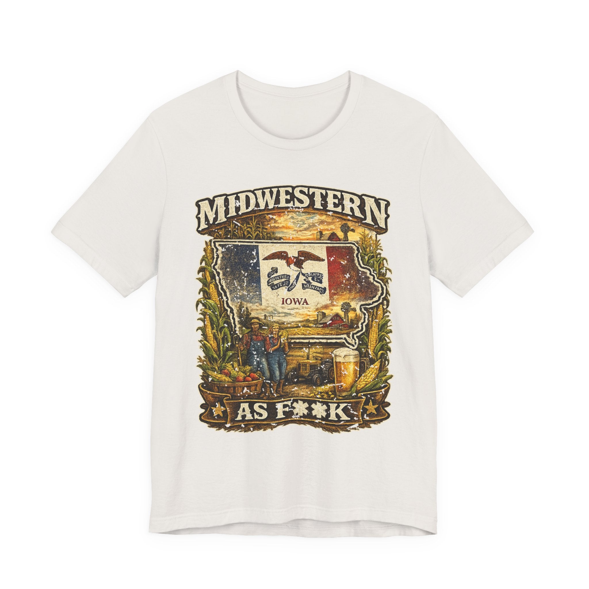 Slightly Salty Midwestern As F**K Iowa T-Shirt in Vintage White – a distressed vintage design featuring the outline of Iowa overlaid with the Iowa state flag, surrounded by towering corn stalks, rolling farmland, a classic red barn, a windmill, a tractor, and an overflowing harvest basket