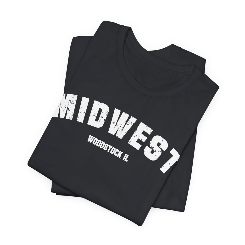 Vintage Black custom Midwest t-shirt folded, cream varsity lettering