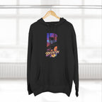 Black hoodie hanging on a wooden hanger, bold B with a Brooklyn Bridge sunset skyline graphic.