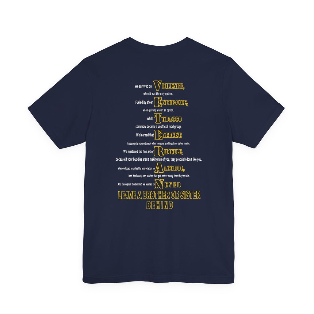 Army veteran T-shirt in Navy showing the full VETERAN acrostic back print in gold